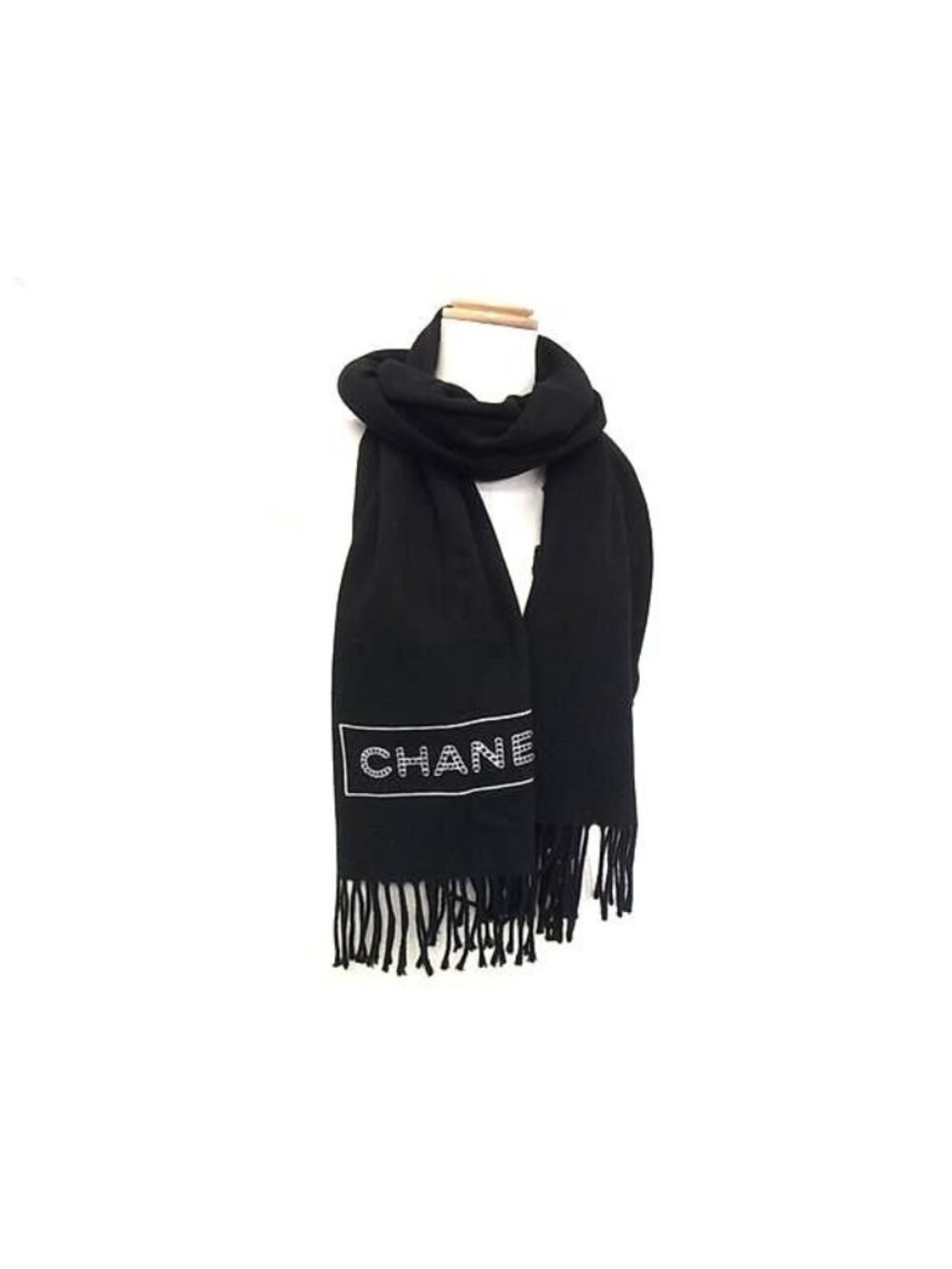 Chanel Logo Wool Cashmere Fringe Scarf Shawl Black